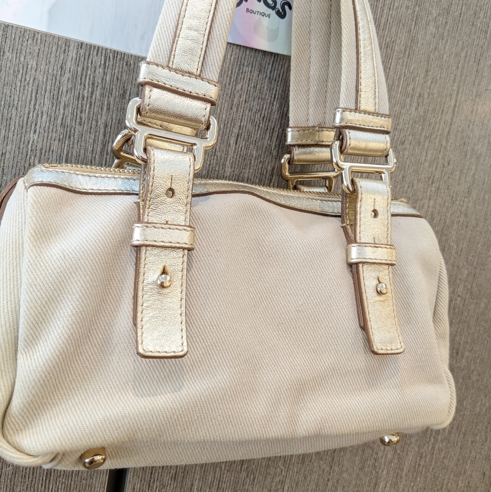 YSL: Metallic Mini Boston Kahala Canvas Leather Tote Shoulder Bag - Picture 14 of 16
